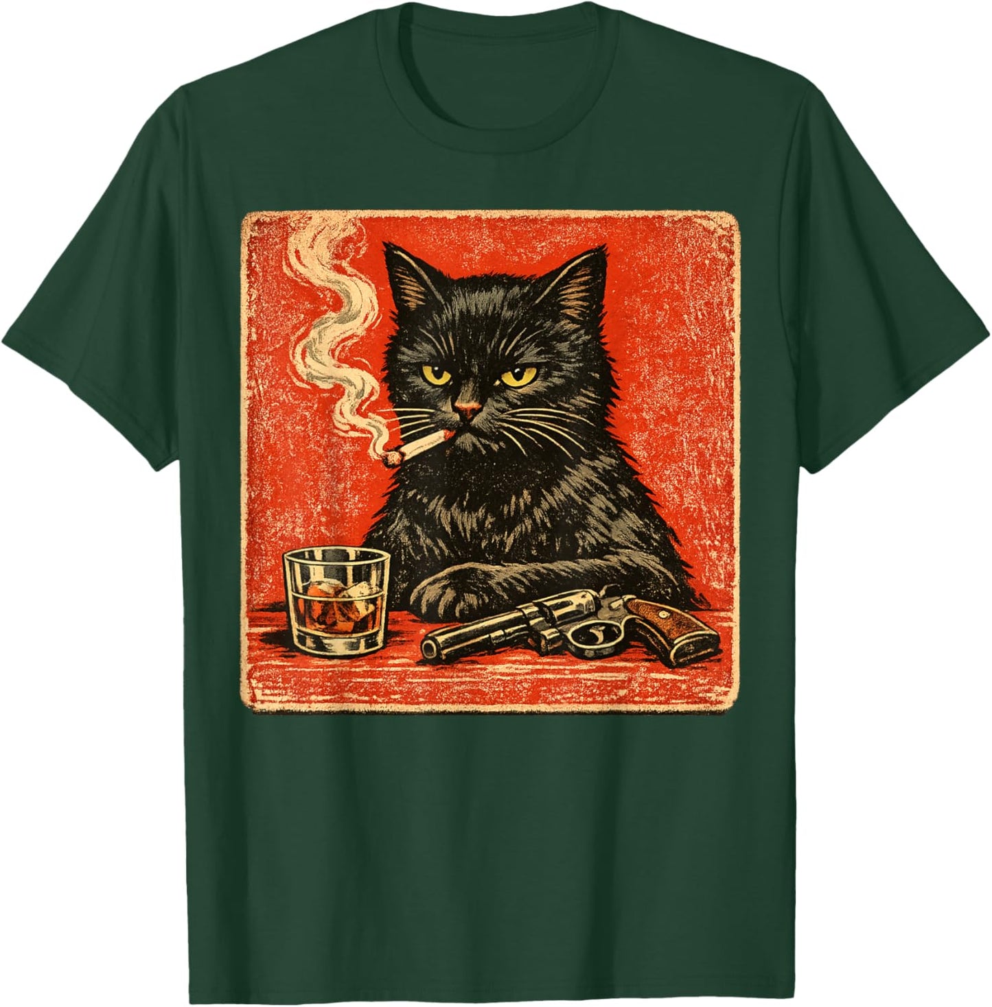 Black cat Smoking Cigarette and Drinking with Gun T-Shirt - T-Shirt | Forest