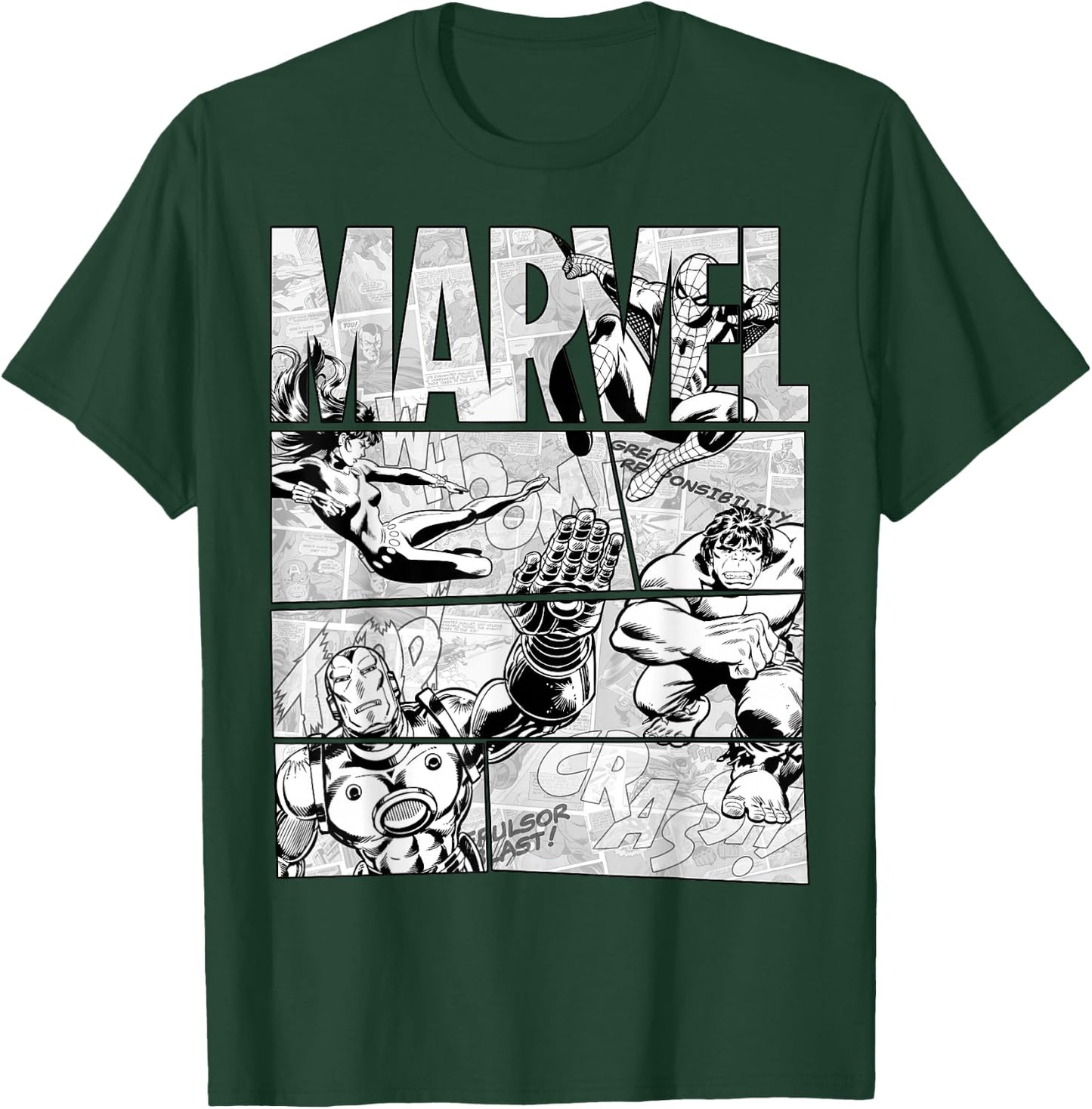 Marvel Avengers Retro Black and White Comic Graphic Short Sleeve T-Shirt - T-Shirt | Forest