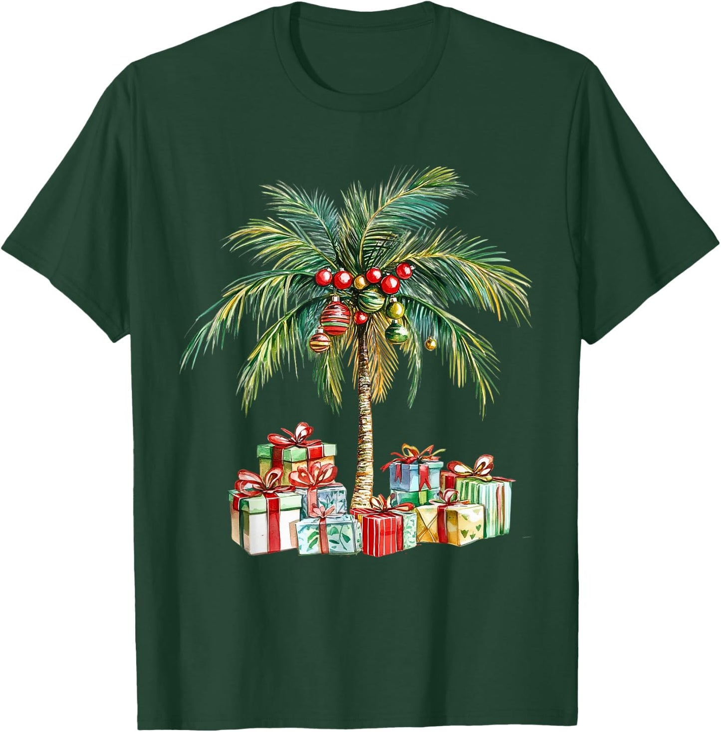 Christmas Palm Tree Lights Hawaiin Tropical Xmas Watercolor T-Shirt - T-Shirt | Forest