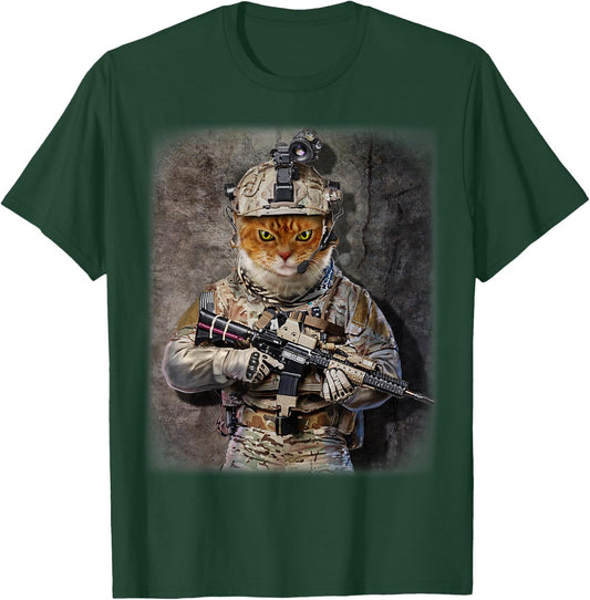 Tabby Cat as Army Commando in Full Tactical Gear T-Shirt - T-Shirt | Forest