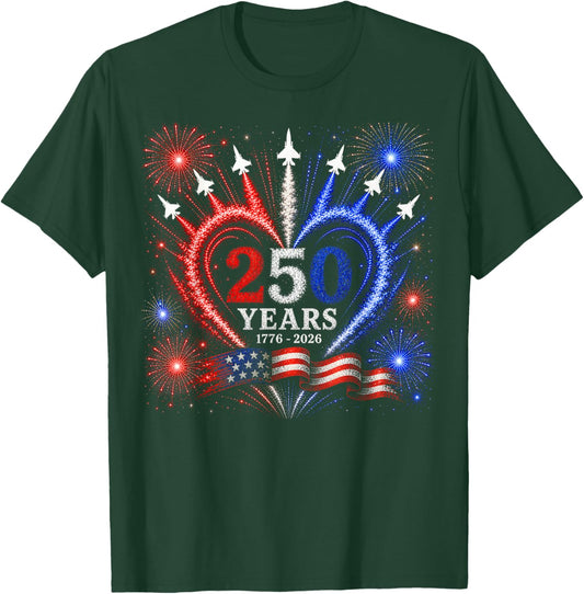 4th of July American Flag 250 Years of Freedom Heart Jets T-Shirt - T-Shirt | Forest