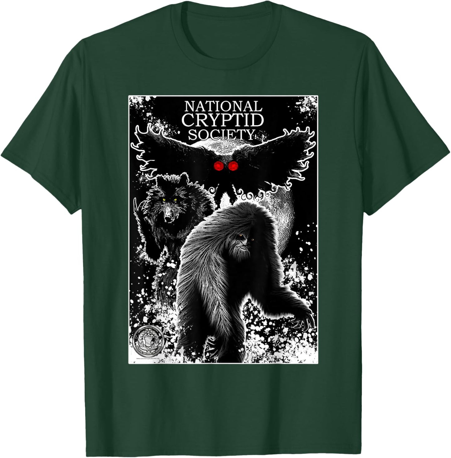 Bigfoot Dogman Mothman National Cryptid Society Poster Art T-Shirt - T-Shirt | Forest