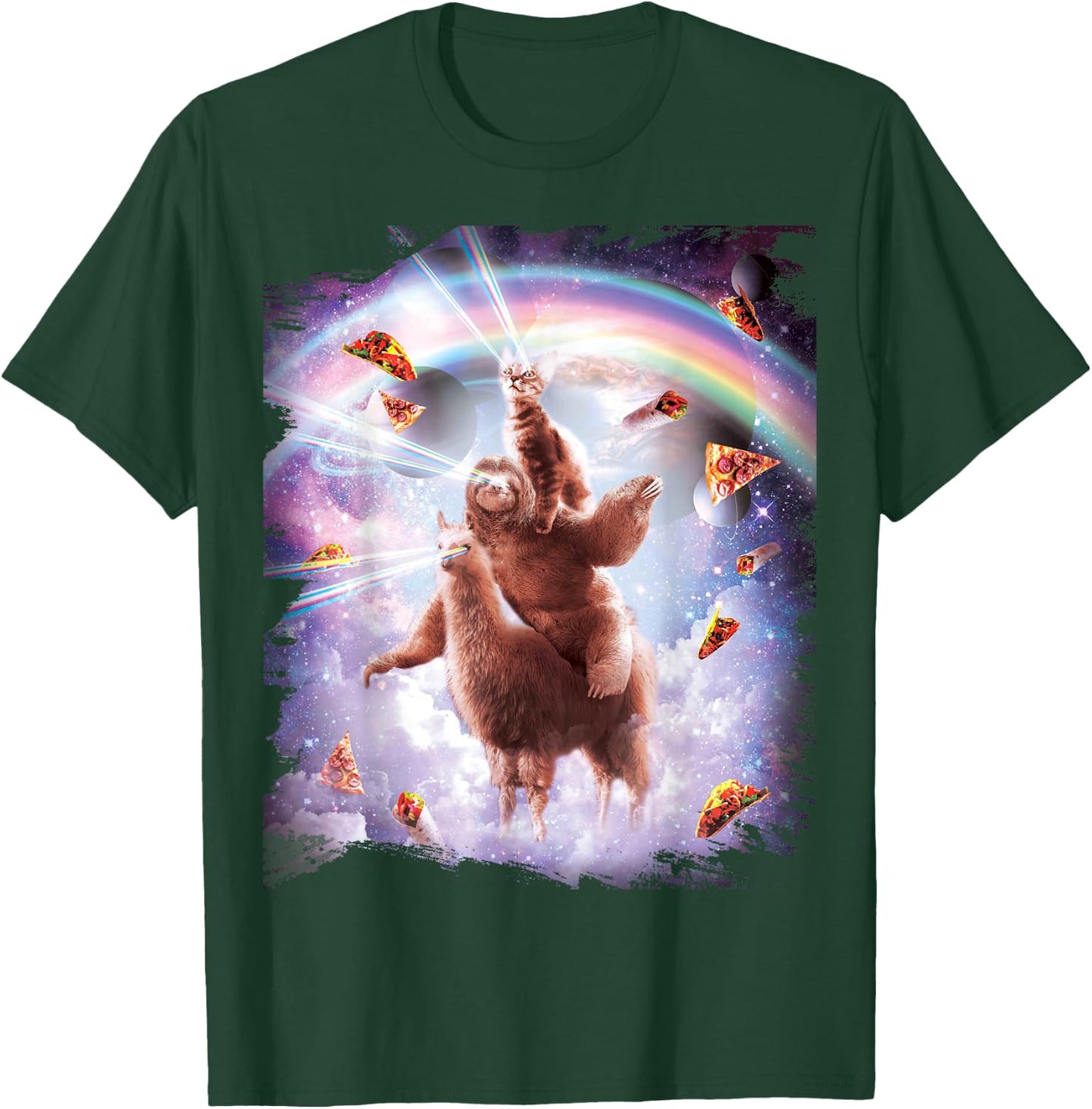 Laser Eyes Space Cat Riding Sloth Llama - Rainbow T-Shirt - T-Shirt | Forest