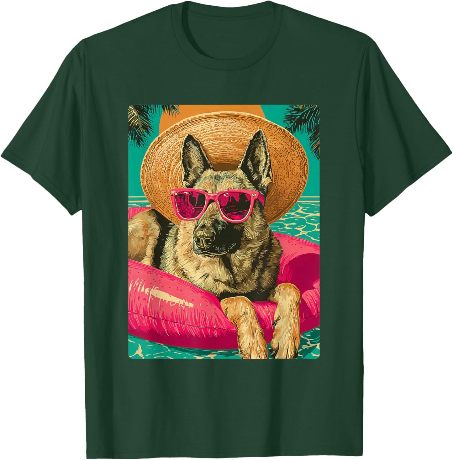 German Shepherd with Sunglasses Cute Dog Tropical Pool Party T-Shirt - T-Shirt | Forest