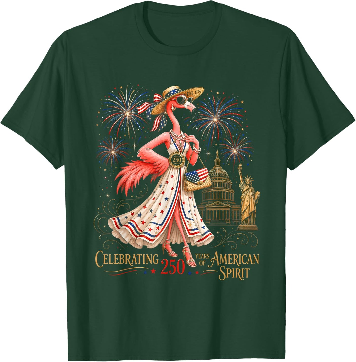 Patriotic Flamingo 250 Years Celebrating American Spirit T-Shirt - T-Shirt | Forest