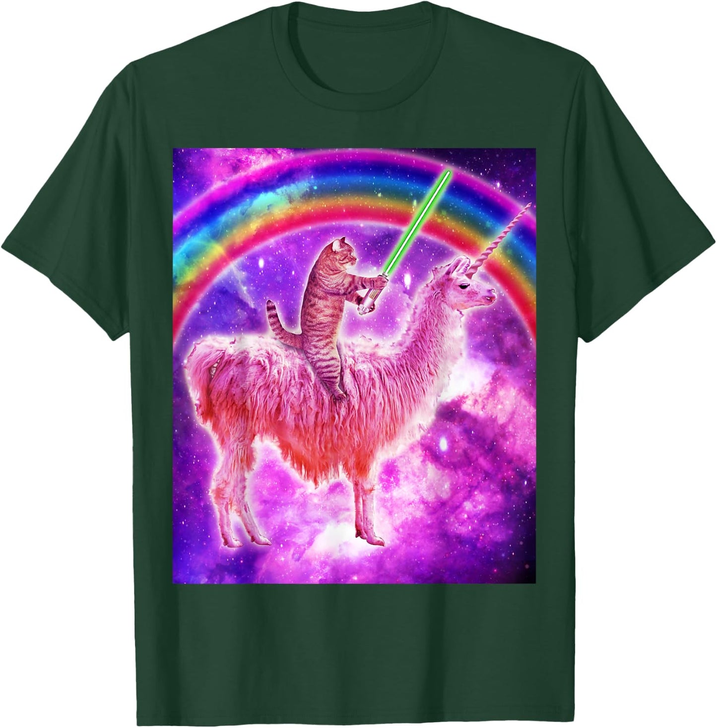Kitty Cat Riding Llama Unicorn Rainbow In Space Cat Lover Men Women Girls Kids T-Shirt - T-Shirt | Forest