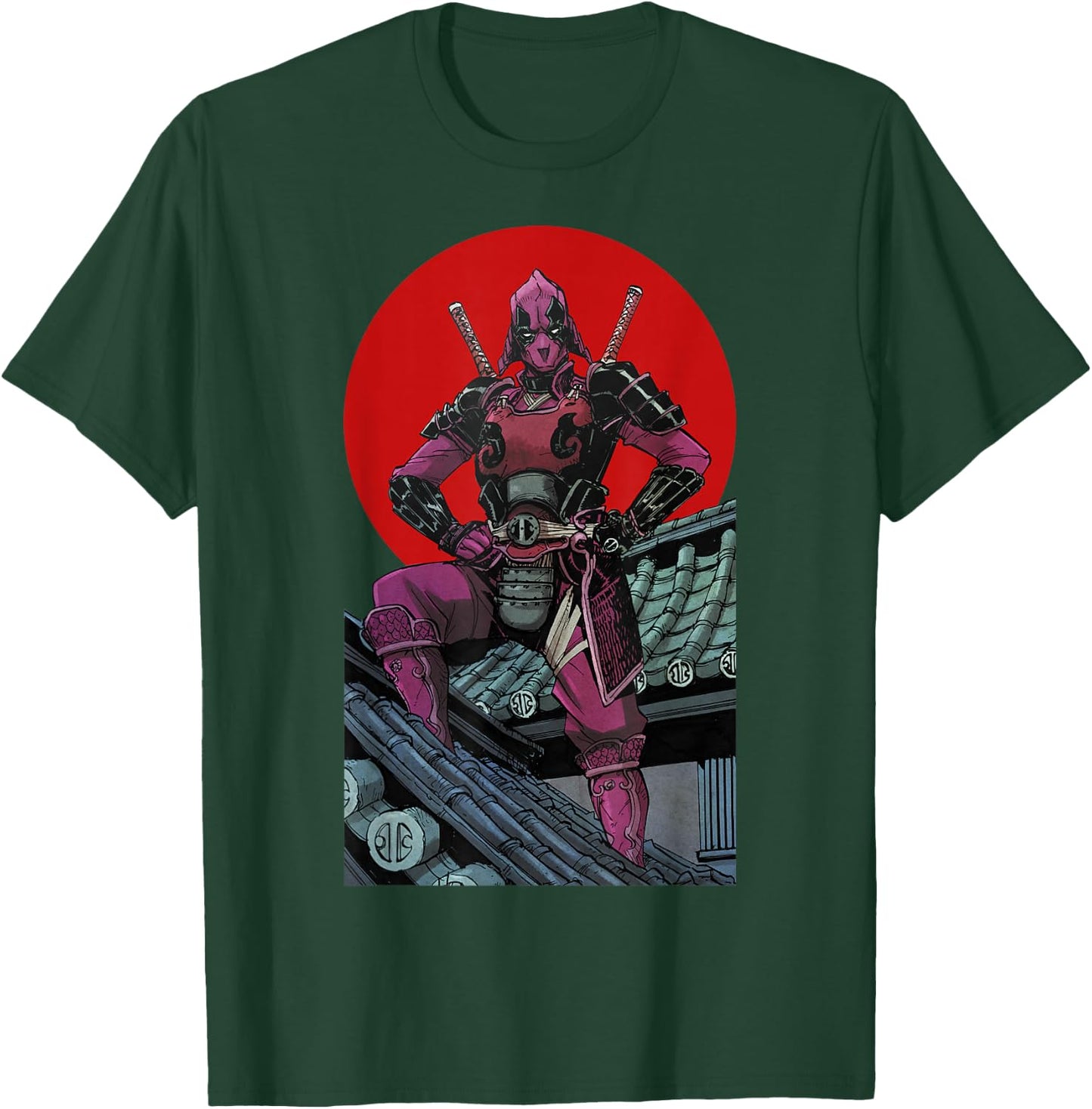 Marvel Deadpool Samurai Warrior Pose Red Sun Graphic T-Shirt - T-Shirt | Forest
