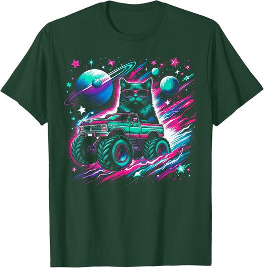 Cool Cat Driving Monster Truck in Cosmic Space Men Women Kids T-Shirt - T-Shirt | Forest
