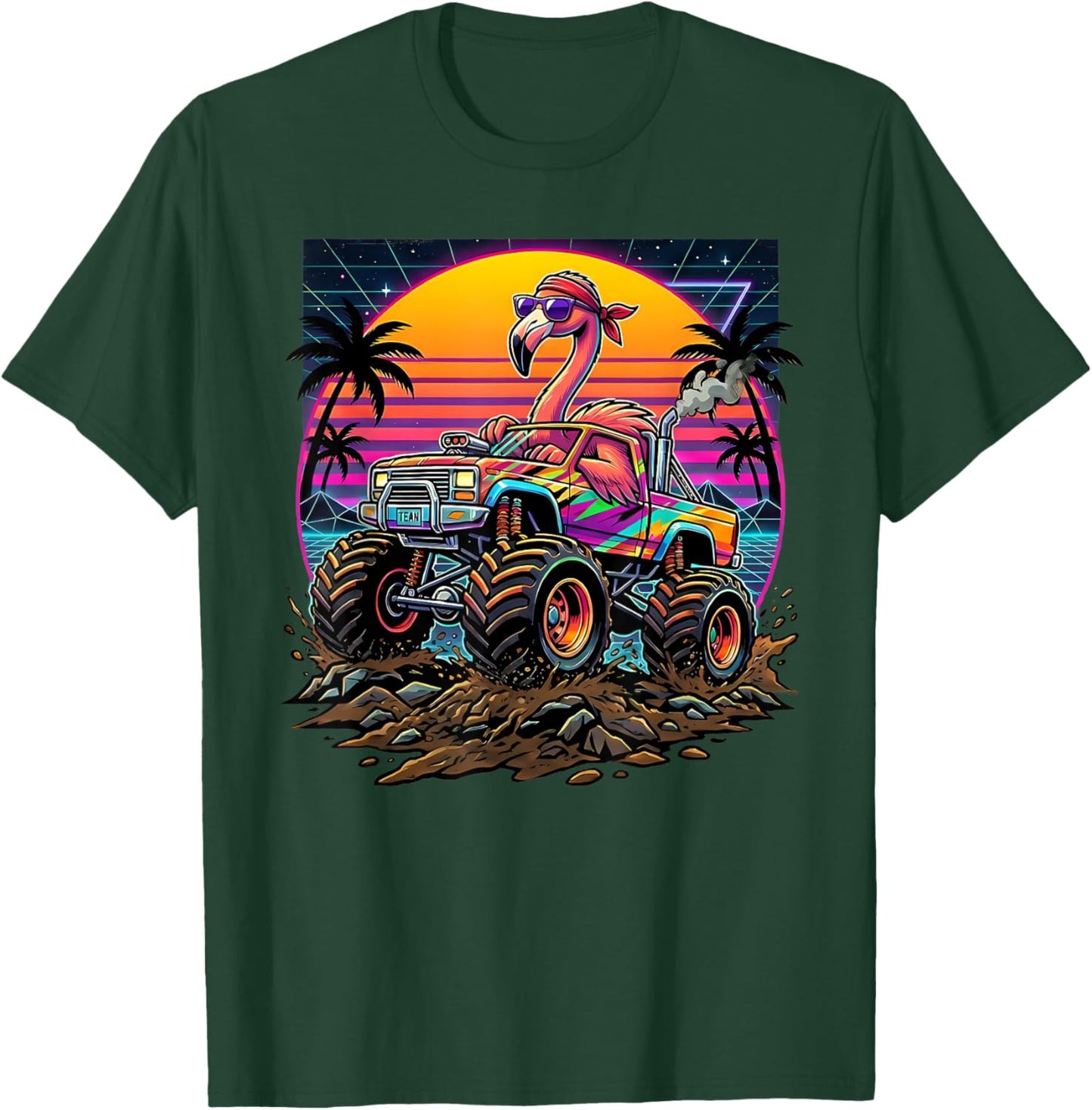 Cool Retro Monster Truck Birthday Flamingo Kids T-Shirt - T-Shirt | Forest