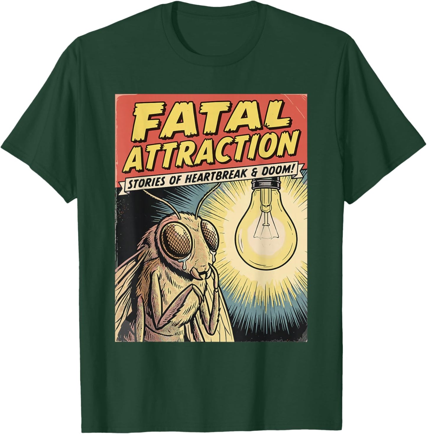 Funny Vintage Comic Book Style Moth Obsessed with Lightbulb T-Shirt - T-Shirt | Forest