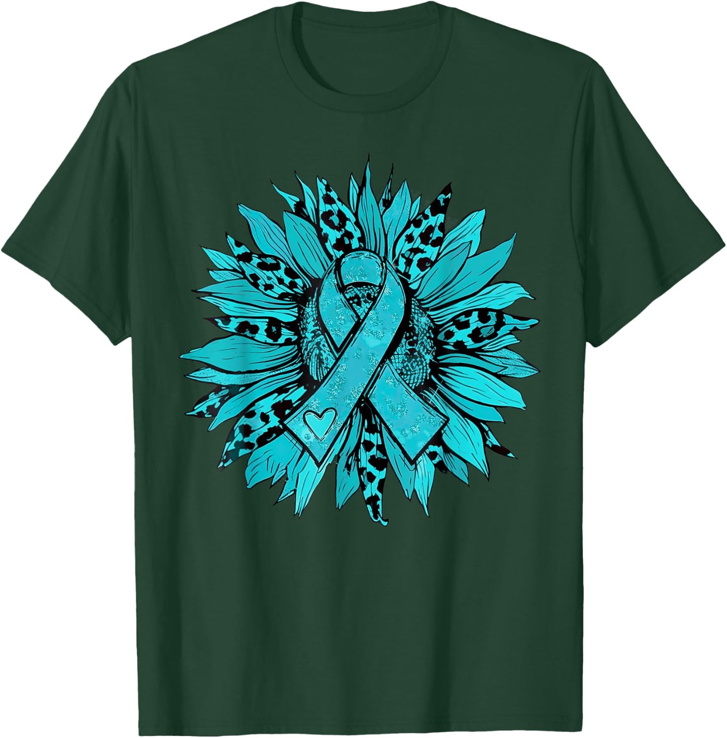 Sunflower Teal Cervical Cancer Awareness Women Girls Warrior T-Shirt - T-Shirt | Forest