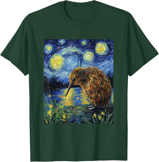 Funny Kiwi Bird - Van Gogh Style - Starry Night Graphic T-Shirt - T-Shirt | Forest