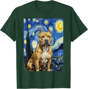 Pitbull Dog Starry Night Art Painting Style T-Shirt - T-Shirt | Forest