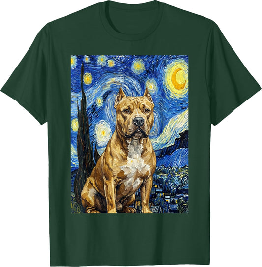 Pitbull Dog Starry Night Art Painting Style T-Shirt - T-Shirt | Forest