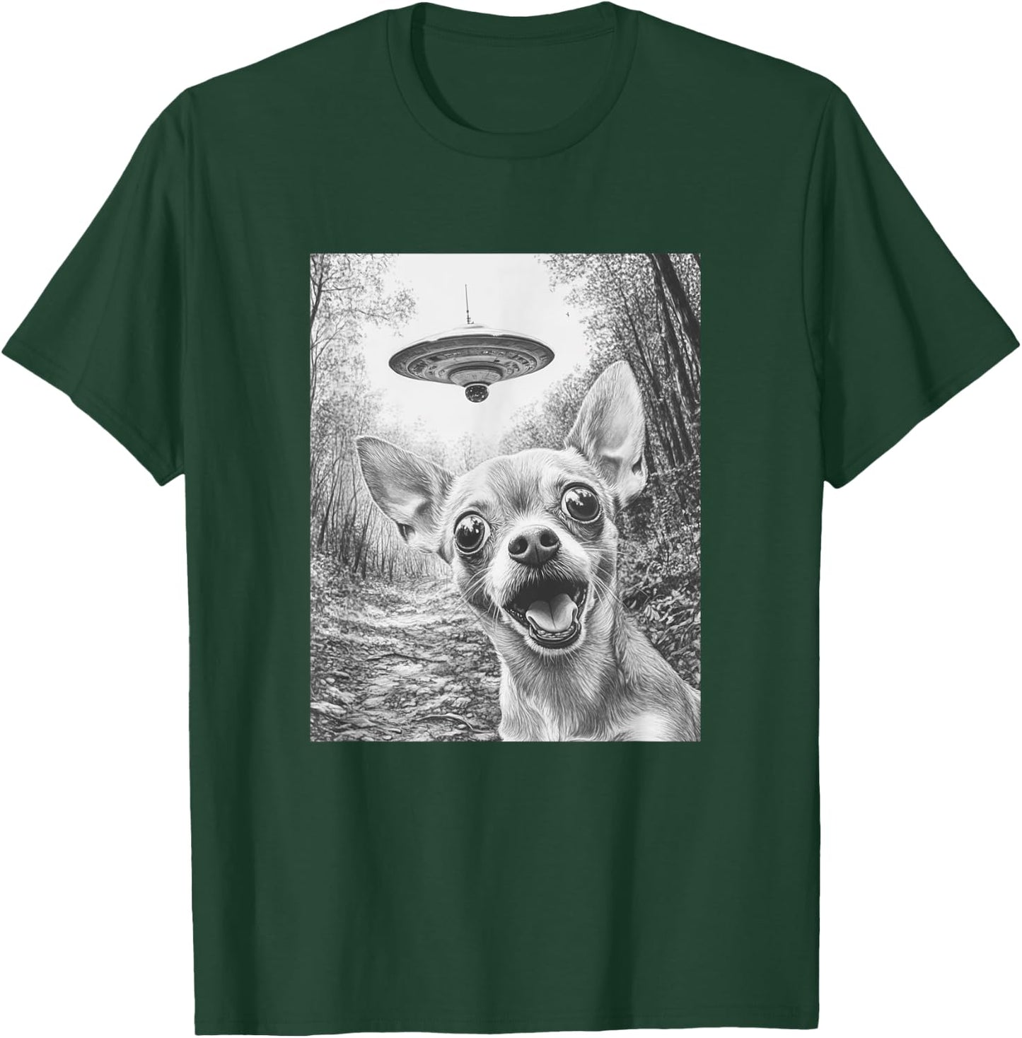Funny Alien Chihuahua Selfie with UFO T-Shirt - T-Shirt | Forest