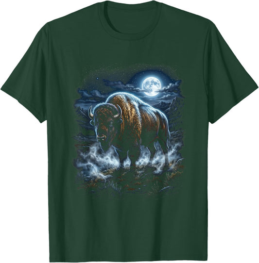 Retro Bison Moonlight American Buffalo T-Shirt - T-Shirt | Forest