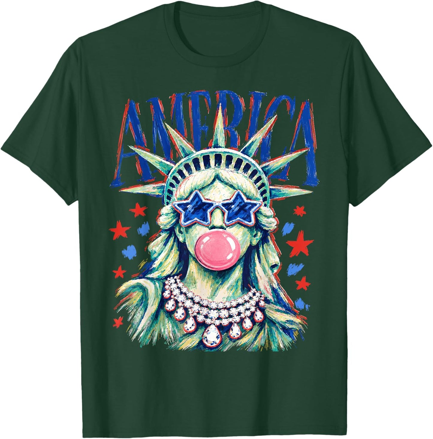 Brushstroke Statue of Liberty Blowing Bubble Gum 4th of July T-Shirt - T-Shirt | Forest