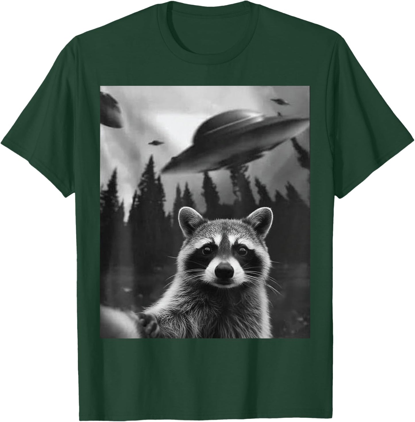 Funny Alien Raccoon UFO Retro Sci Fi Space Humor Men Women T-Shirt - T-Shirt | Forest