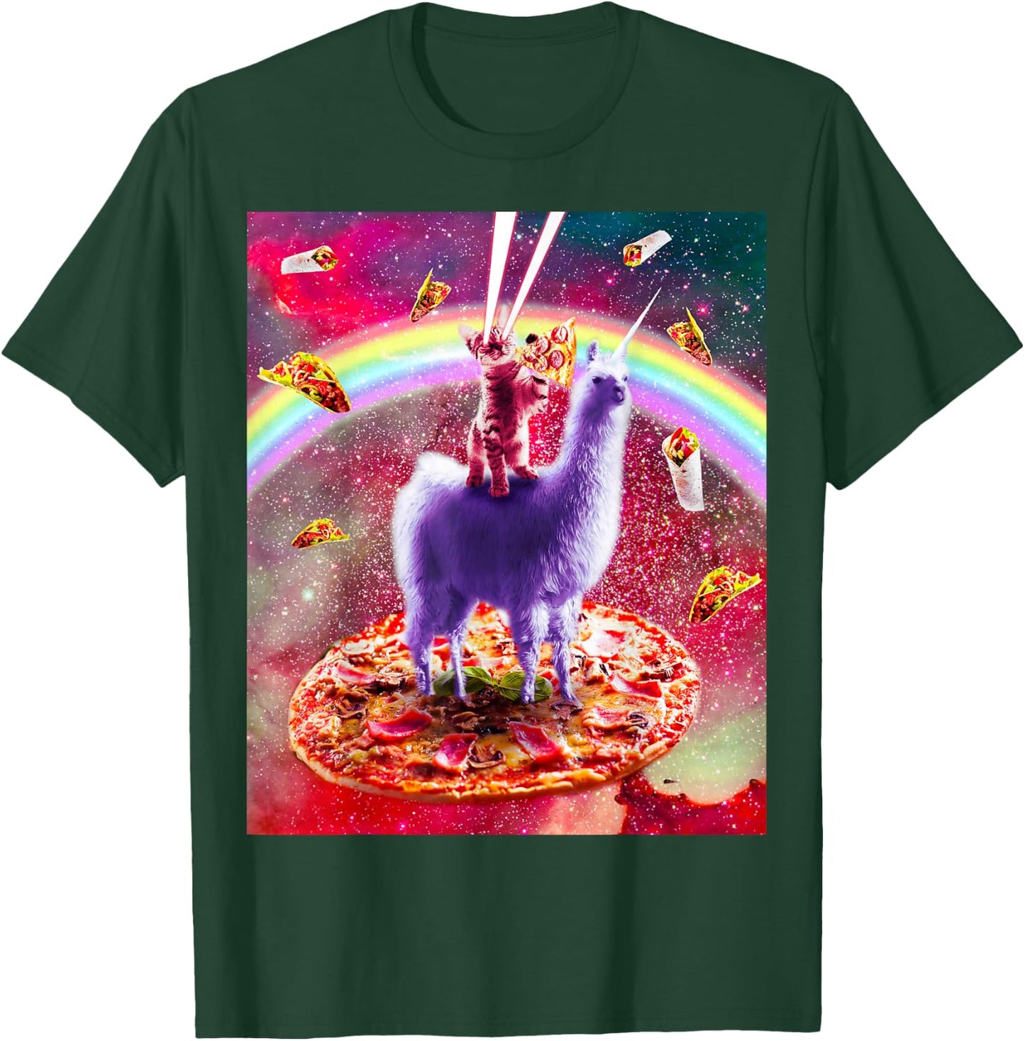 Laser Eyes Outer Space Cat Riding On Llama Unicorn T-Shirt - T-Shirt | Forest