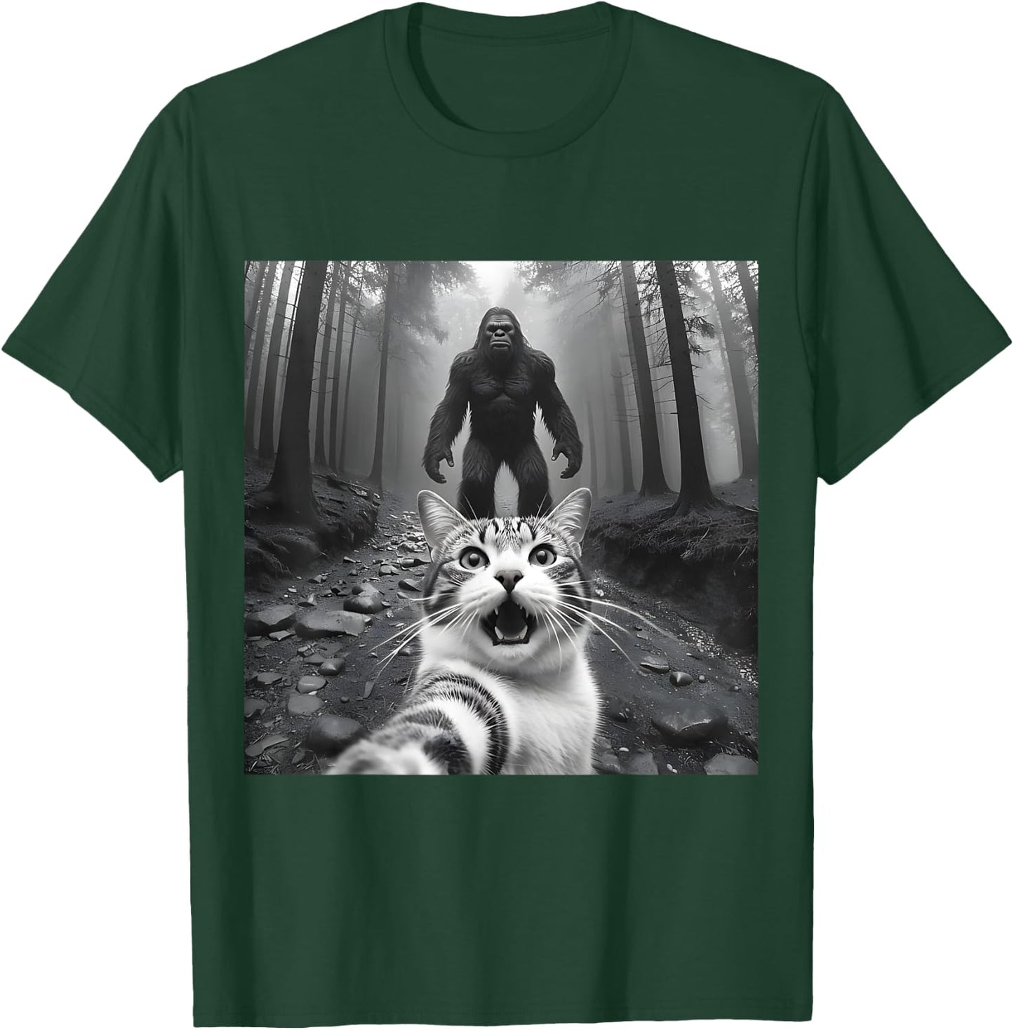 Funny Surprised Scared Cat Selfie With Sasquatsch Bigfoot Men Women Girls Kids T-Shirt - T-Shirt | Forest