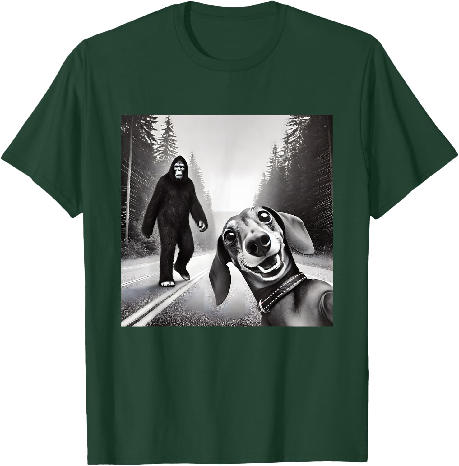 Bigfoot And Dachshund On Road - Black - Small - Short Sleeve T-Shirt - T-Shirt | Forest
