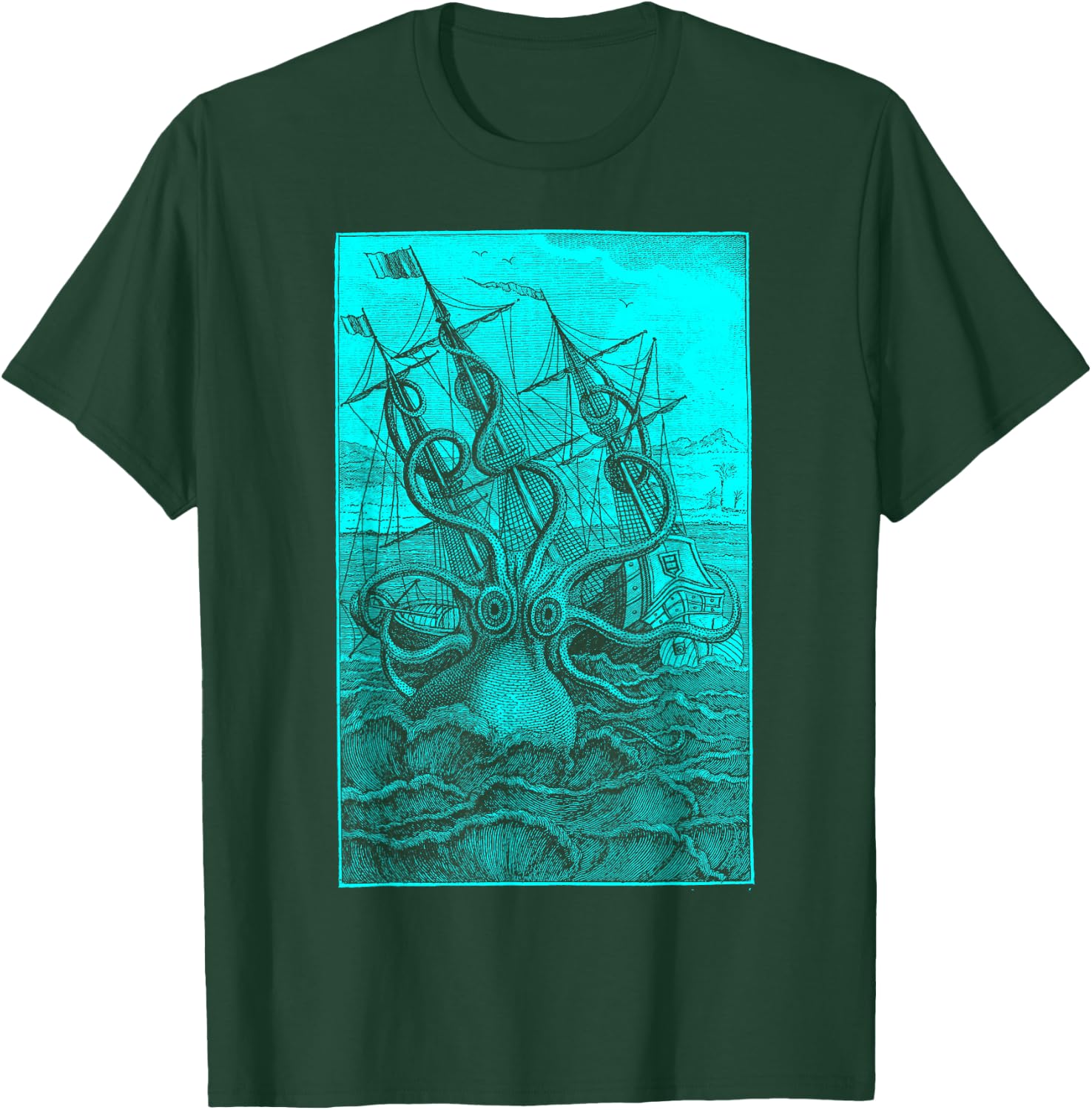Giant Octopus Pirate Ship Vintage Kraken Sailing Squid T-Shirt - T-Shirt | Forest