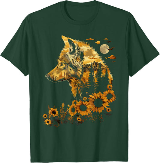 Cute Wolf Floral Sunflower Wolves T-Shirt - T-Shirt | Forest