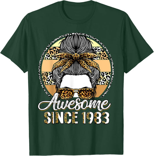 Awesome since 1983 40 Years Old Messy Bun Leopard T-Shirt - T-Shirt | Forest