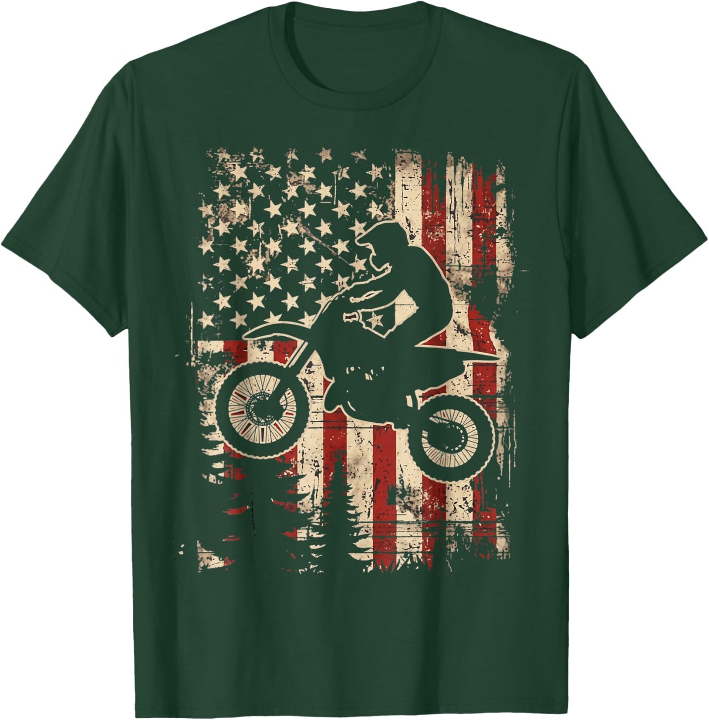 Vintage American Flag Dirt Bike Motocross Patriotic Rider T-Shirt - T-Shirt | Forest