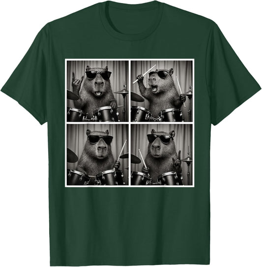Vintage Capybara Playing Drums Capybara Drummer Photobooth T-Shirt - T-Shirt | Forest
