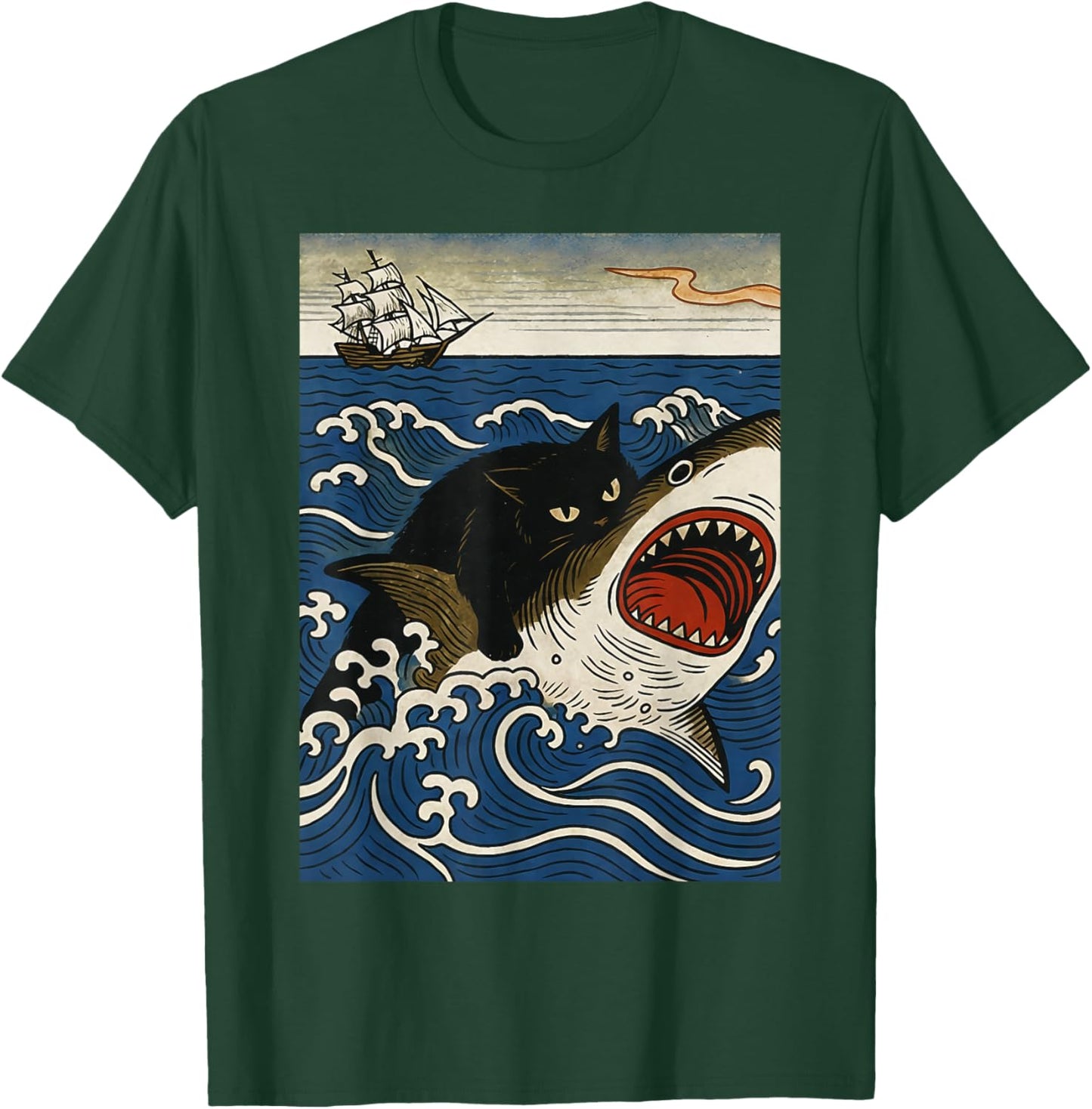 Ukiyo-e Cat Riding Shark Retro Black Cat Shark Rider Ocean T-Shirt - T-Shirt | Forest