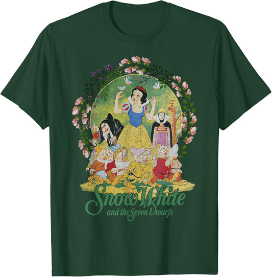 Disney Snow White Group Shot Classic Poster Floral Wreath T-Shirt - T-Shirt | Forest