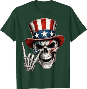 Patriotic Skeleton 4th of July Rock Hand USA American Flag T-Shirt - T-Shirt | Forest