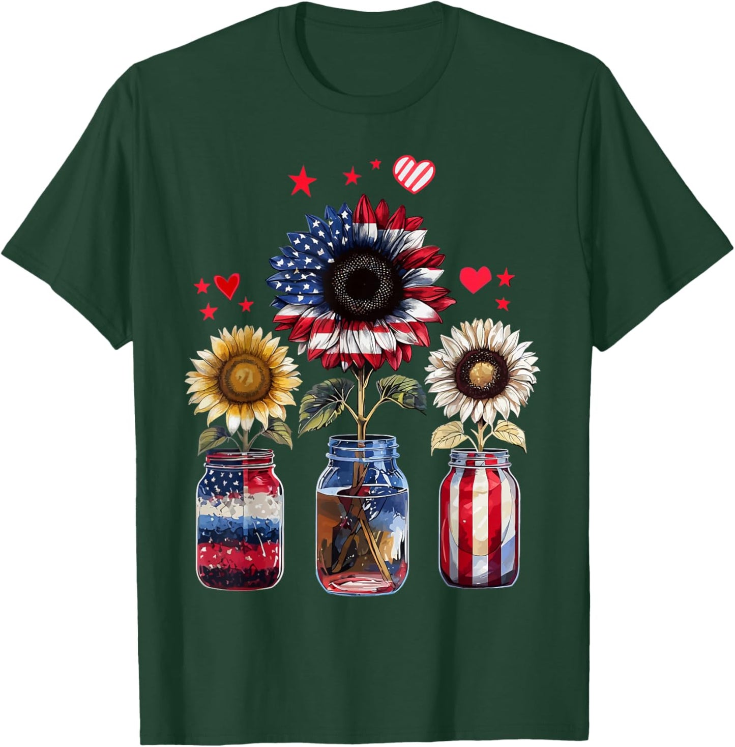 American Patriotic USA Flag Jars With Sunflower 4th Of July T-Shirt - T-Shirt | Forest