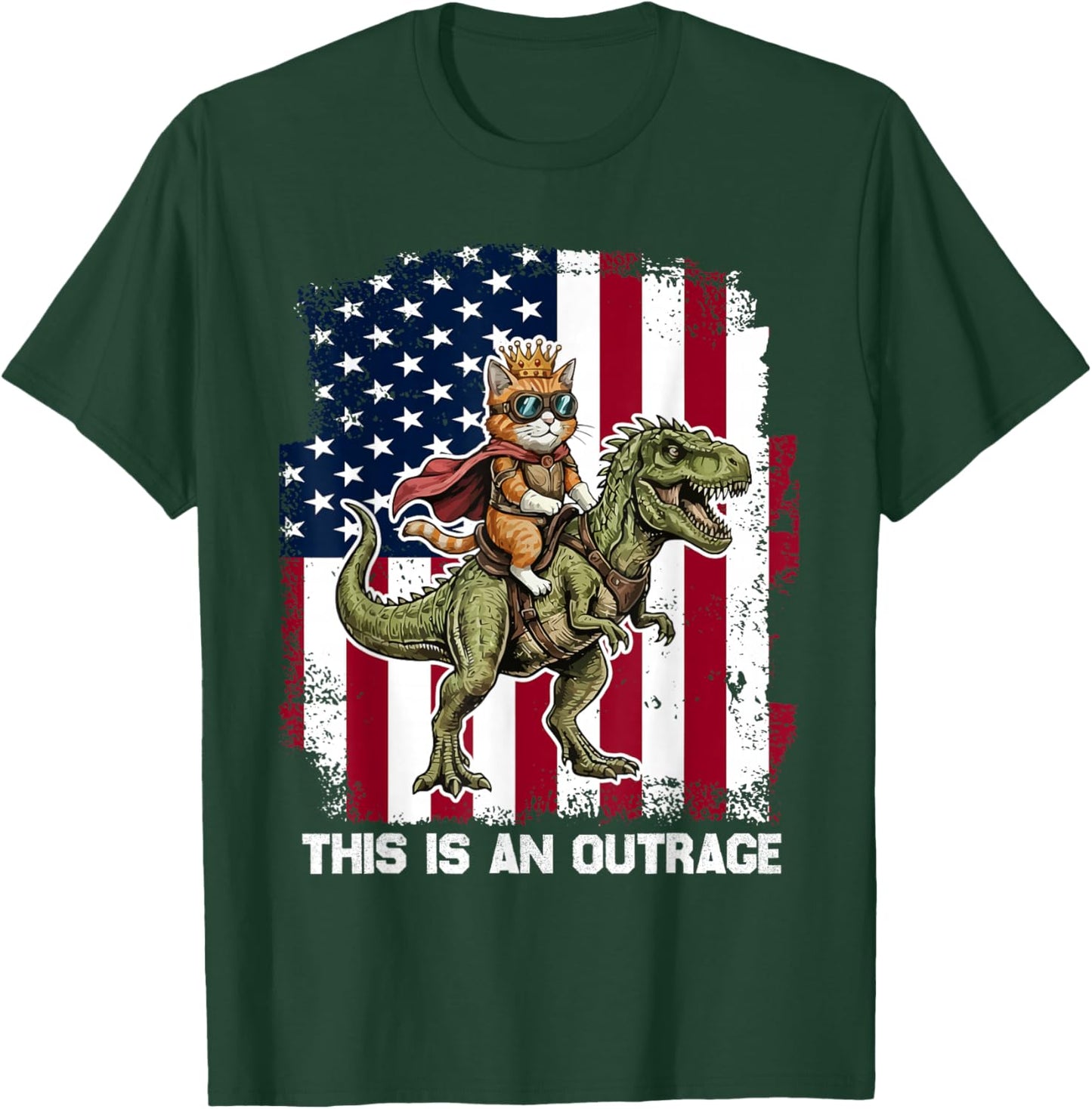 This is an Outrage Funny Cat Riding Dinosaur 4th of July T-Shirt - T-Shirt | Forest