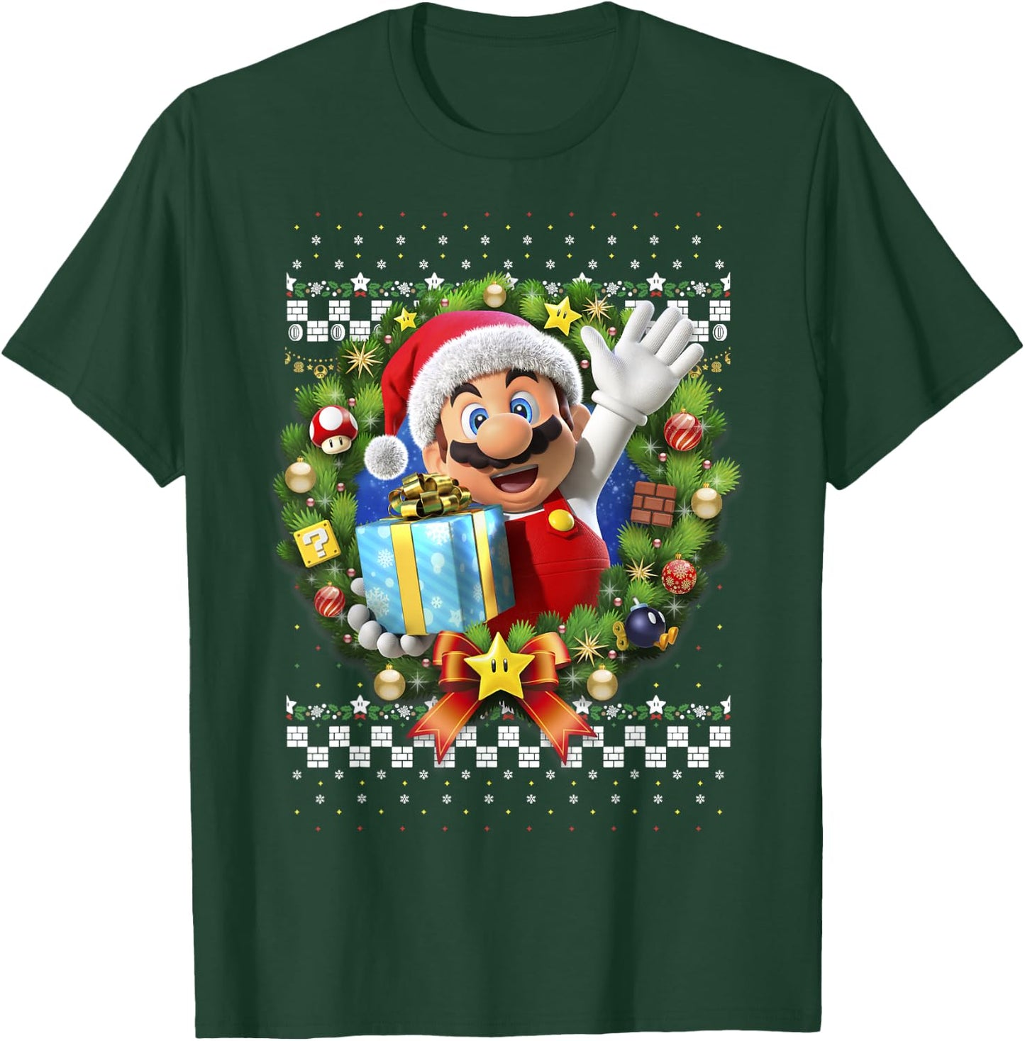 Super Mario 3D Christmas Wreath Present Graphic Short Sleeve T-Shirt - T-Shirt | Forest