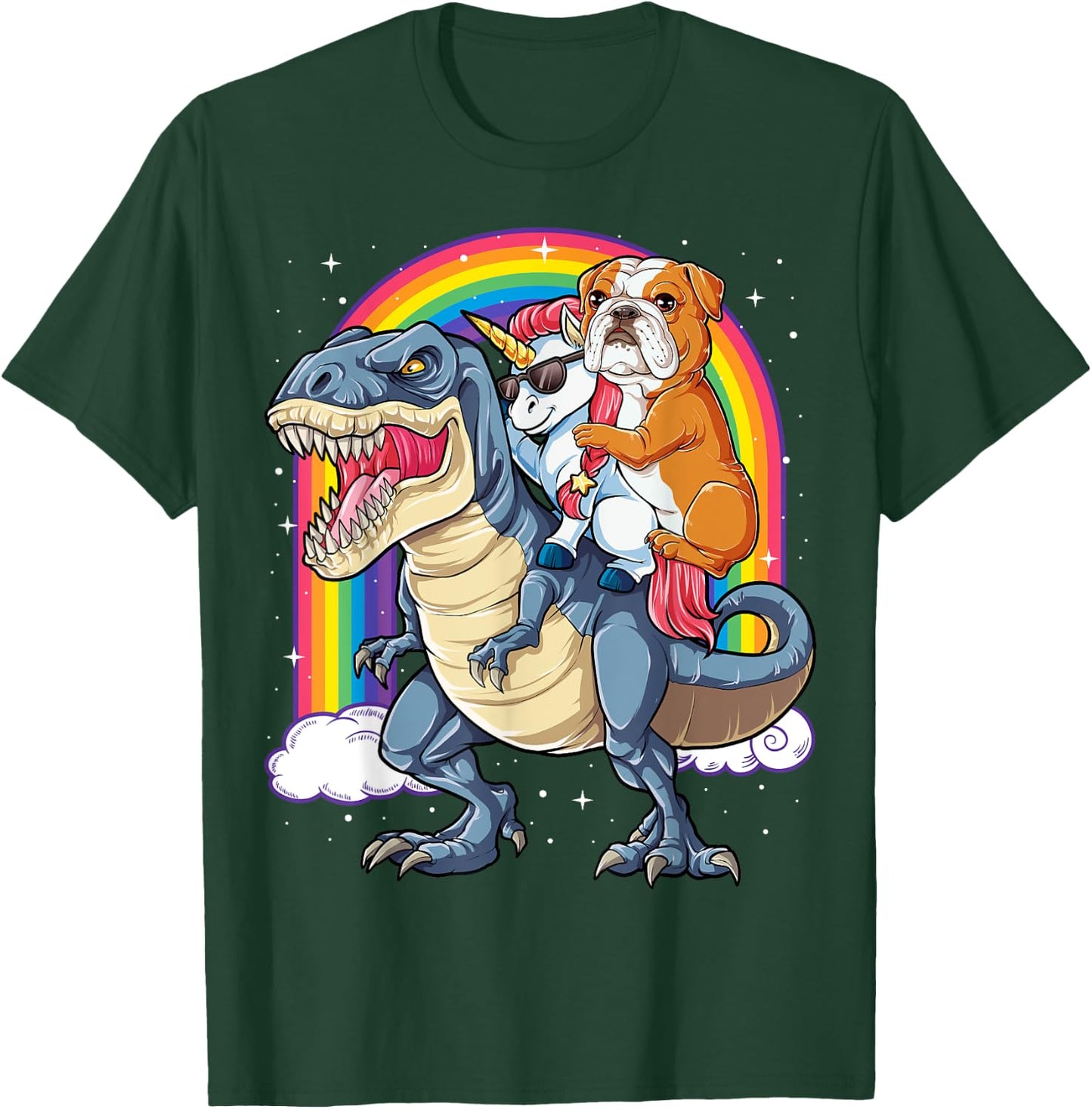 English Bulldog Unicorn Dinosaur T rex Girls Rainbow Gifts T-Shirt - T-Shirt | Forest