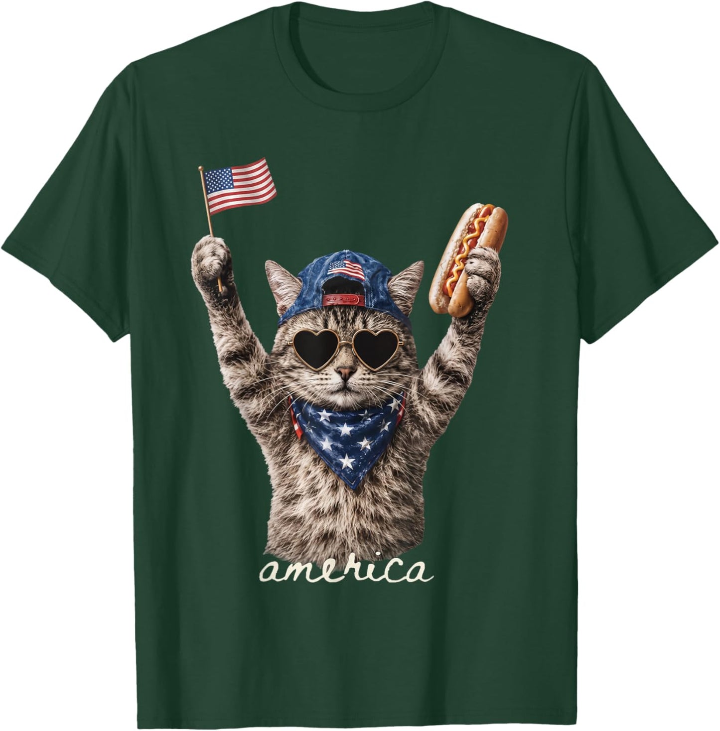 Retro Funny America Cat Hot Dog Lovers Patriotic US Flag T-Shirt - T-Shirt | Forest