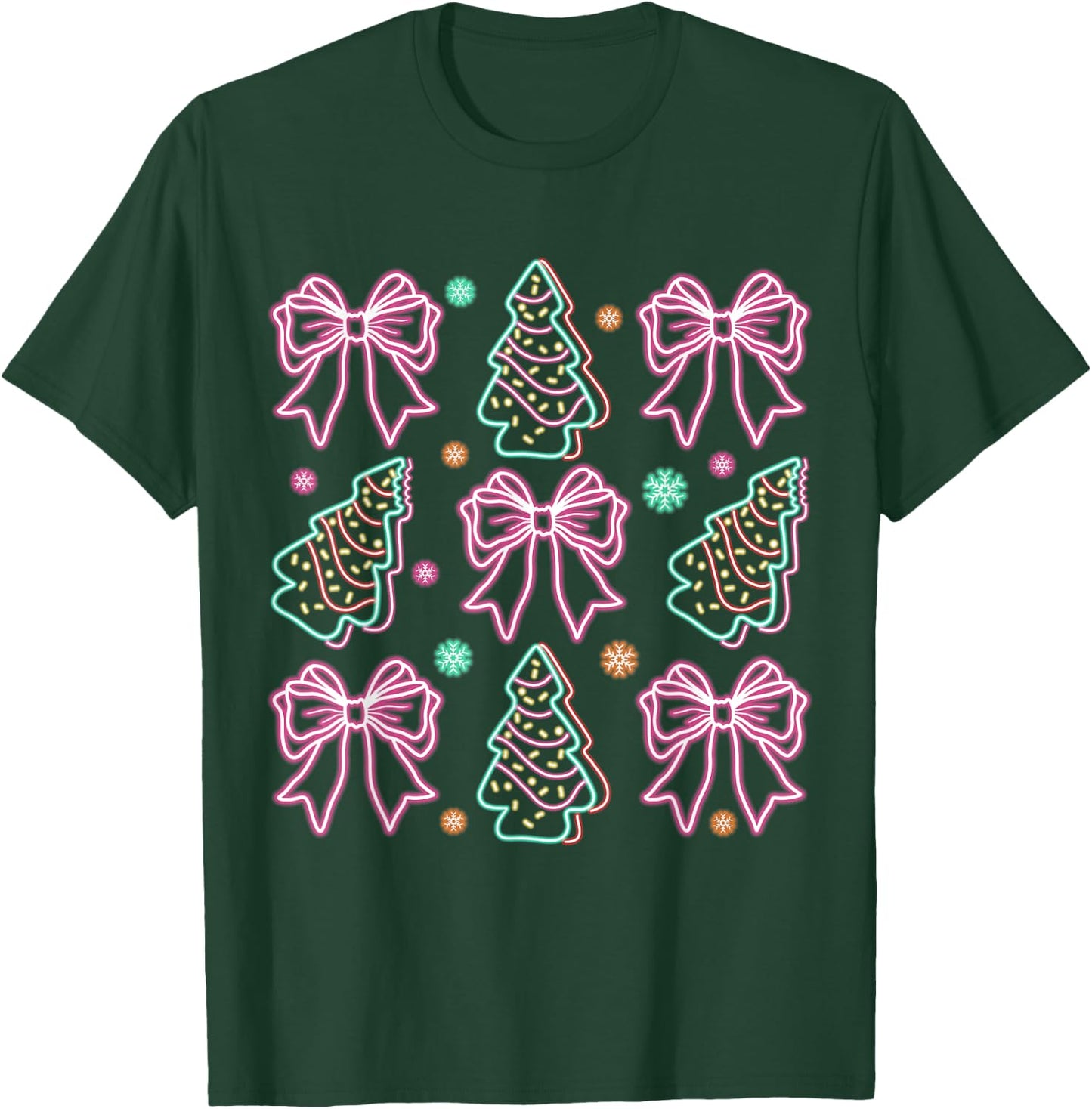 Neon Coquette Bow Santa Christmas Tree Cake Girly Xmas Women T-Shirt - T-Shirt | Forest