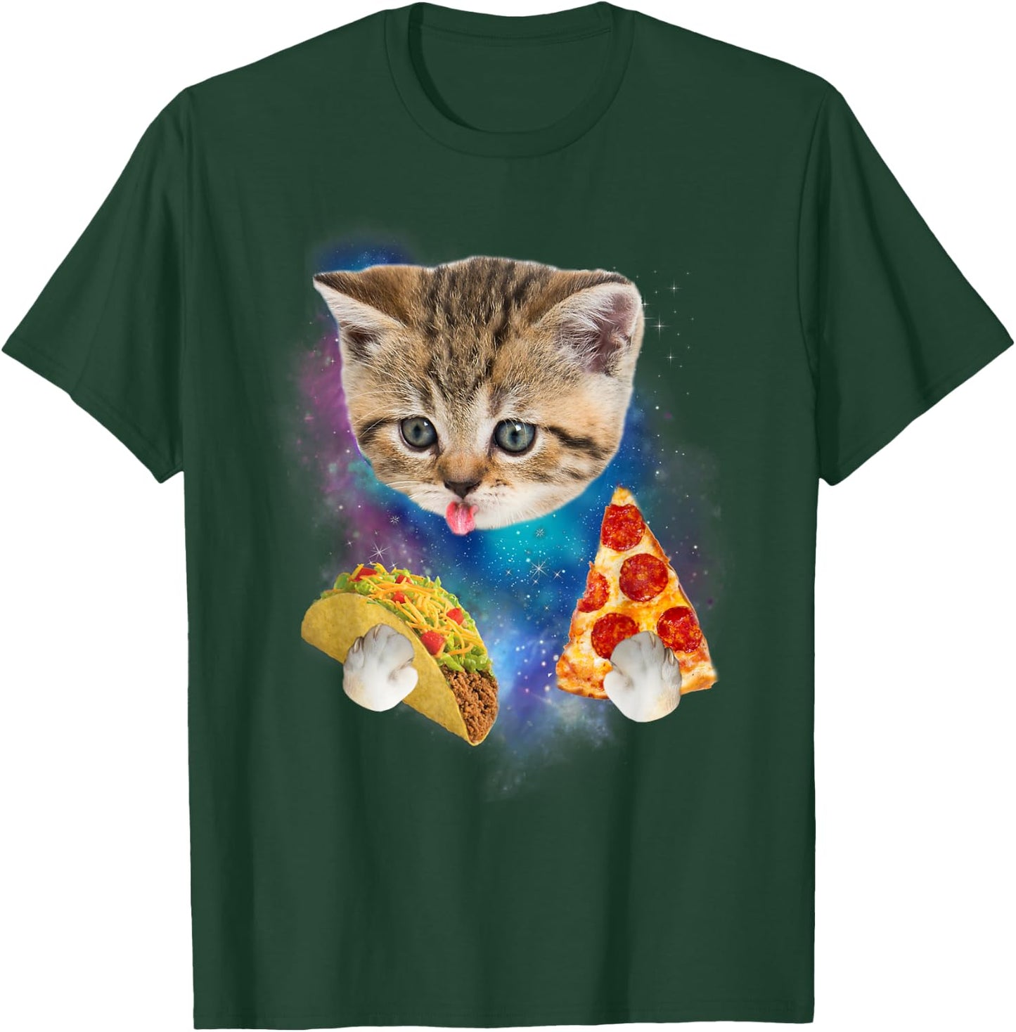 Funny Galaxy Cat Shirt | Space Cat Eat Pizza and Taco Shirt T-Shirt - T-Shirt | Forest