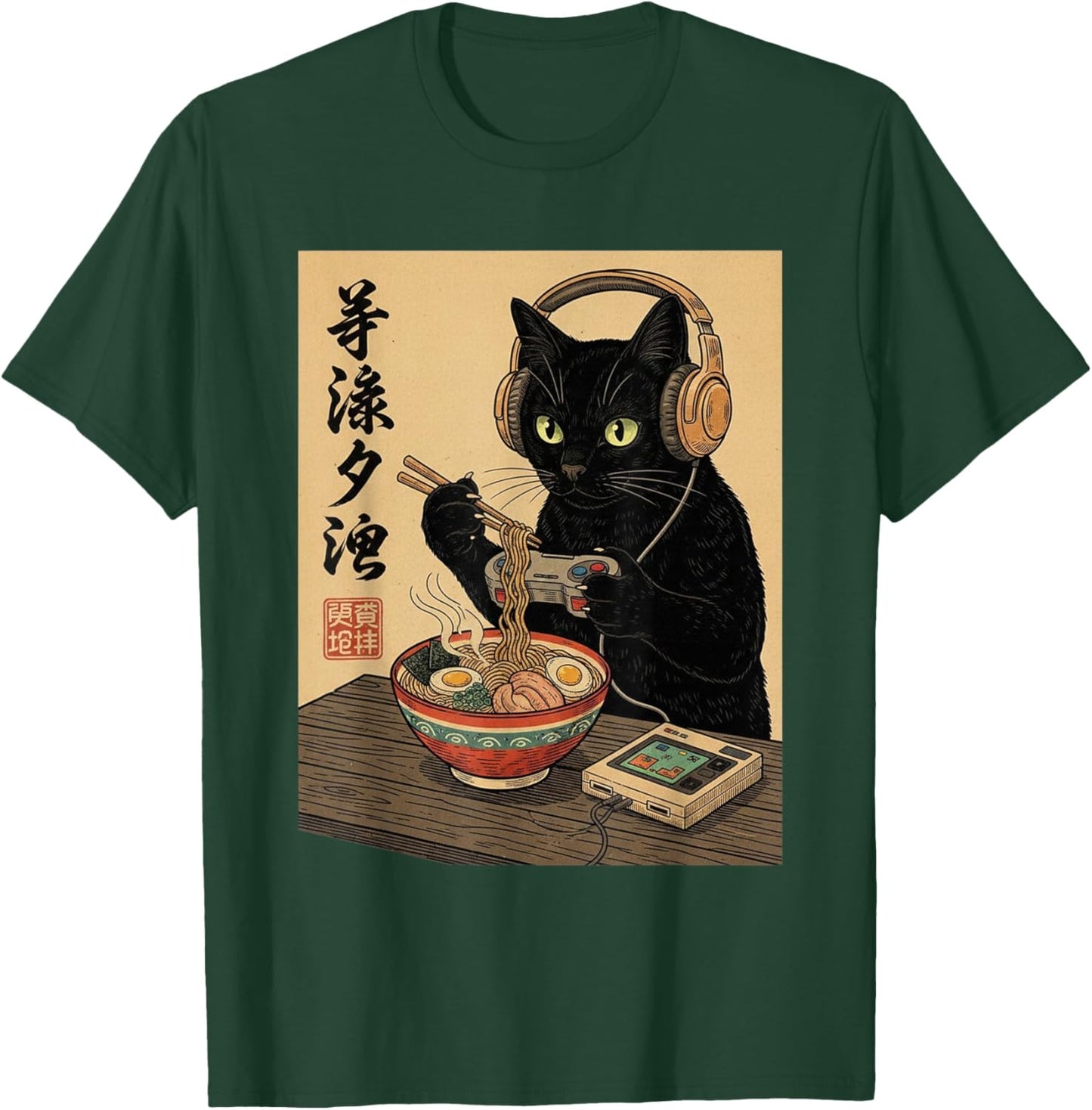 Cute Kawaii Gamer Cat Funny Ramen Retro Japanese Cat Gaming T-Shirt - T-Shirt | Forest