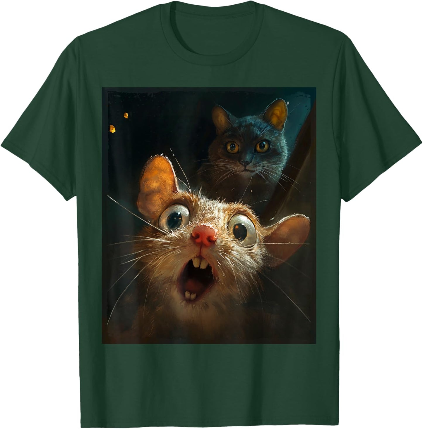 Funny Surprised Scared Mouse Selfie in Front of Sneaky Cat T-Shirt - T-Shirt | Forest
