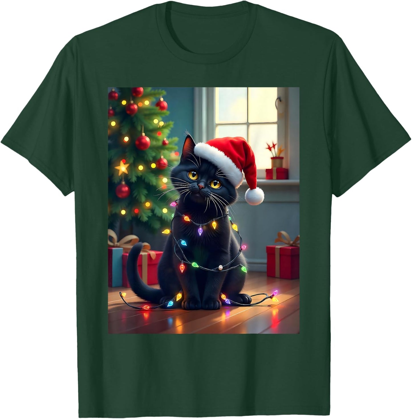 Black Cat in Santa Hat with Holiday Glow Christmas Men Women Kids T-Shirt - T-Shirt | Forest