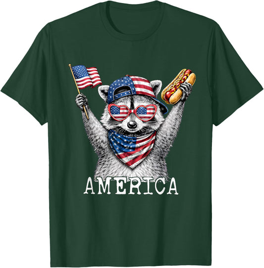 Funny Raccoon 4th of July American Flag Patriotic Raccoon T-Shirt - T-Shirt | Forest