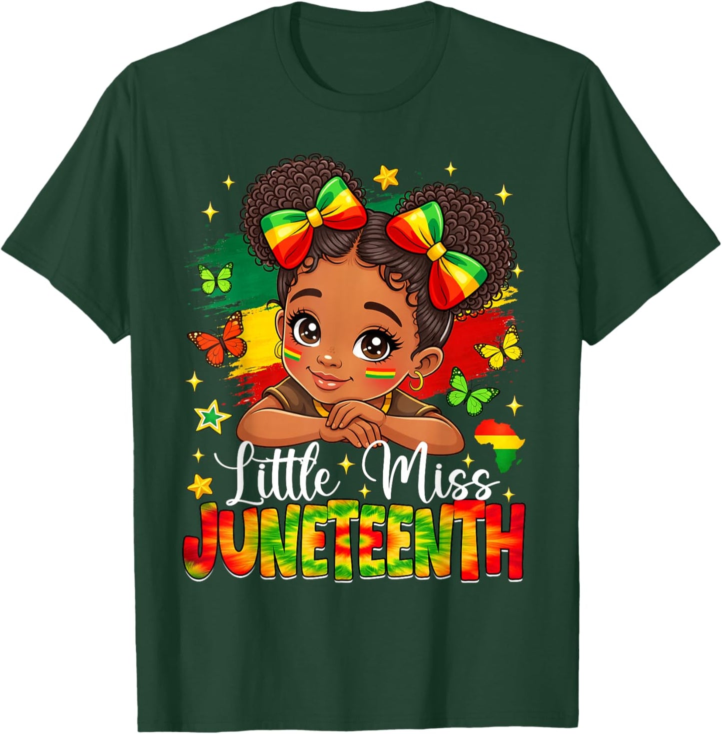 Little Miss Juneteenth African American Girl Messy Bun Kids T-Shirt - T-Shirt | Forest