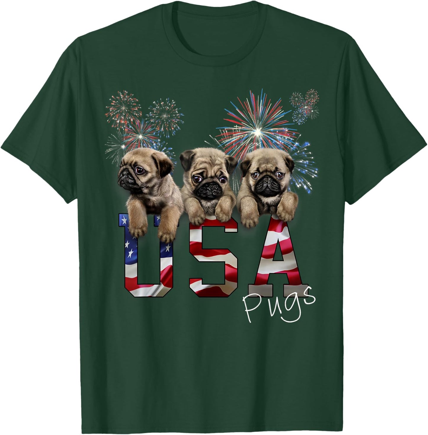 USA Patriot Pug Puppy Dog with Fireworks Women Kids Men T-Shirt - T-Shirt | Forest