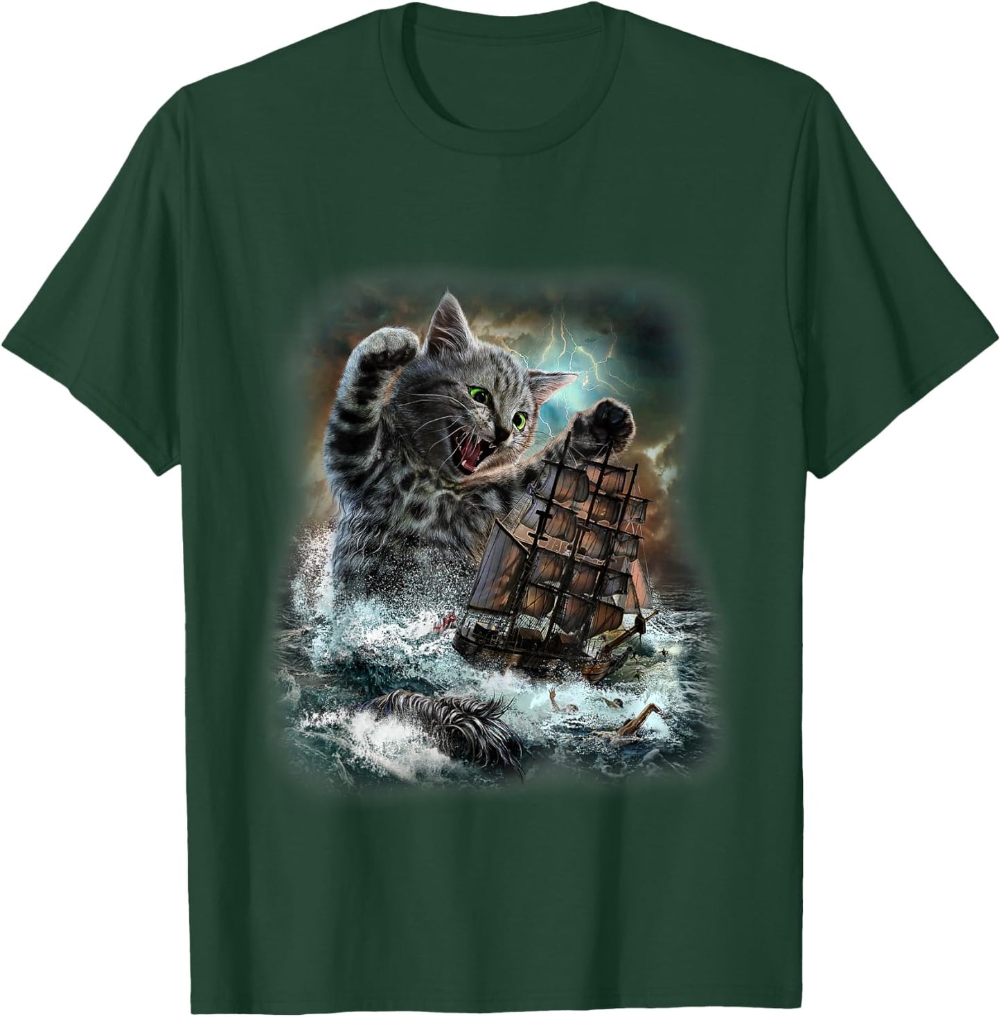 Giant Cat as Kraken Sea Monster Ambush a War Ship in Ocean T-Shirt - T-Shirt | Forest