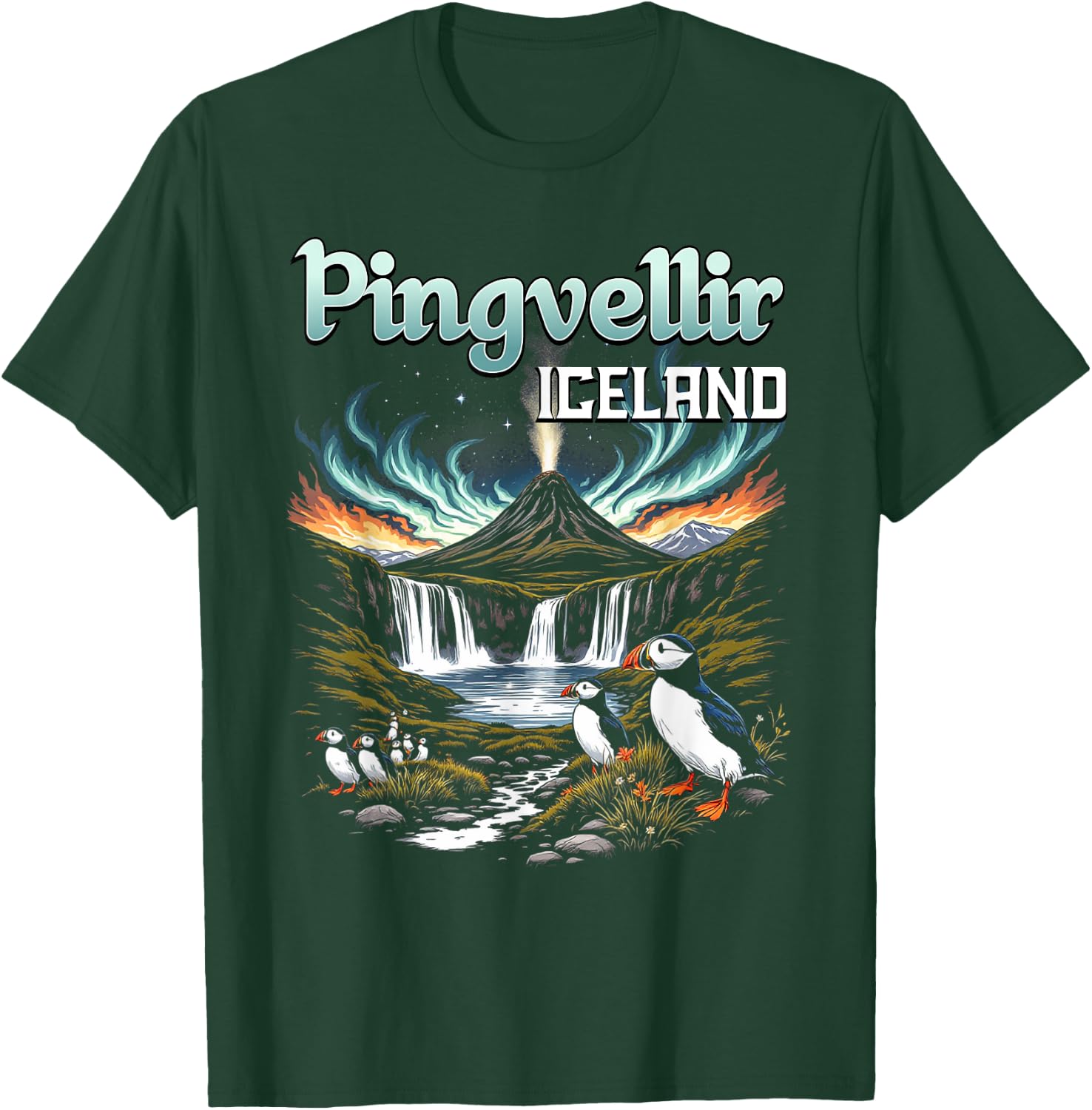 Þingvellir Iceland Souvenir Icelandic Volcano Puffin Birds T-Shirt - T-Shirt | Forest