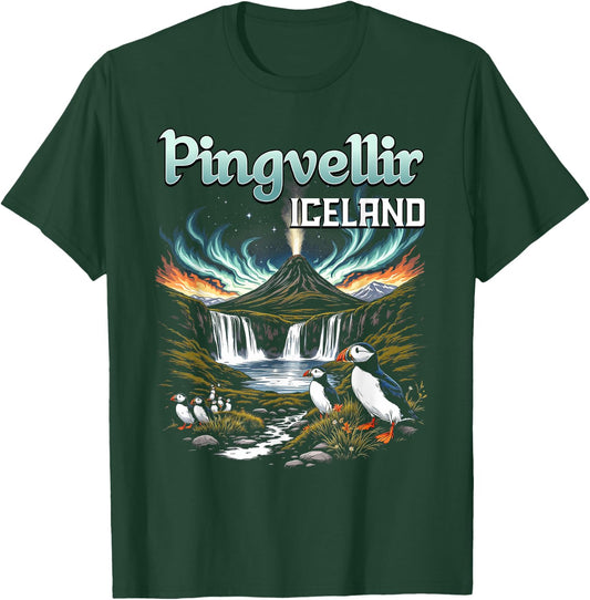 Þingvellir Iceland Souvenir Icelandic Volcano Puffin Birds T-Shirt - T-Shirt | Forest