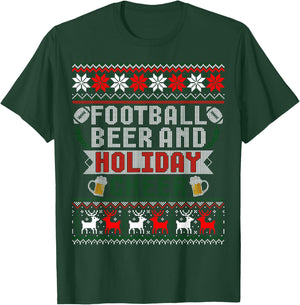 Football Beer And Holiday Cheer Christmas Ugly Sweater T-Shirt - T-Shirt | Forest
